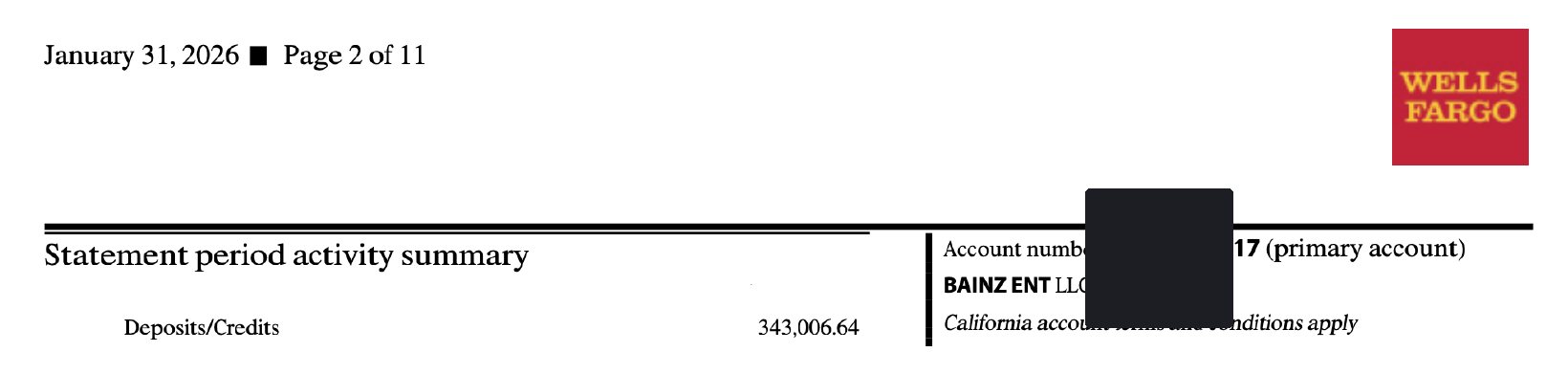 Wells Fargo statement summary for January 2026, showing $343,006.64 in deposits