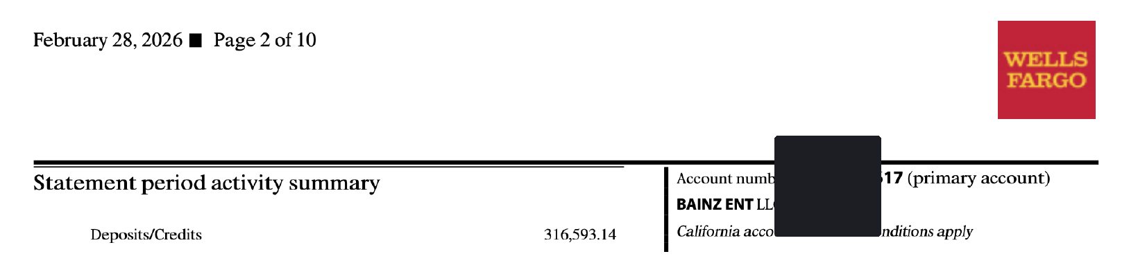 Wells Fargo statement summary for February 2026, showing $316,593.14 in deposits