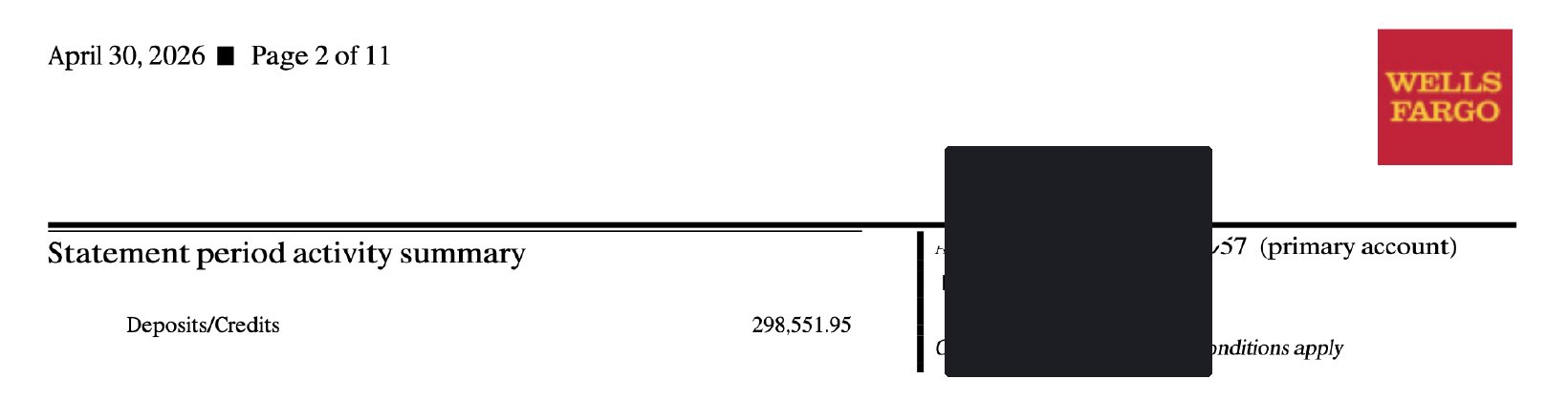 Wells Fargo statement summary for April 2026, showing $298,551.95 in deposits