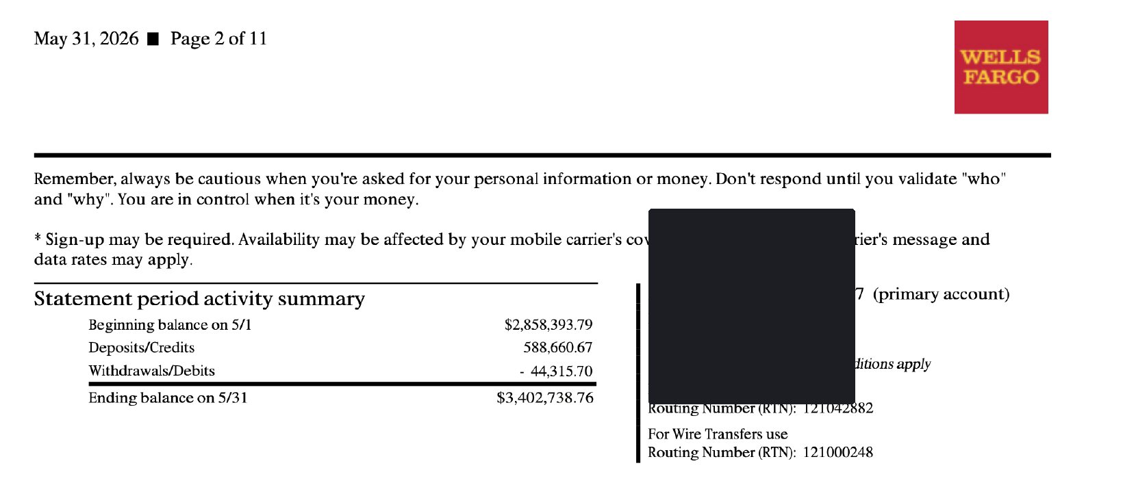Wells Fargo statement summary for May 2026, showing $588,660.67 in deposits