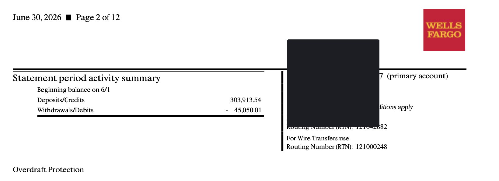 Wells Fargo statement summary for June 2026, showing $303,913.54 in deposits